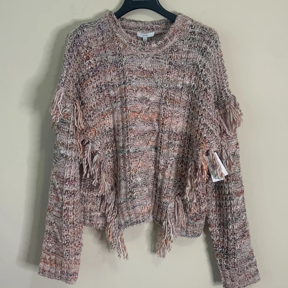 Joie Meghan Cable Knit Fringe Rose Sweater Boho Wool Blend Women XL Pullover top